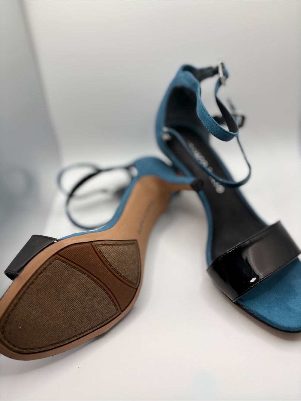 Franco Sarto Teal Suede and Black Patent Ankle-Strap Sandals